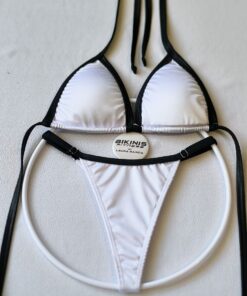 Bikini de playa opalo blanco bordes negros, corte brasileño breteles ajustables BikinisFitness