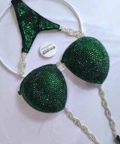 Bikini de competencia NPC verde esmeralda, conectores trensados. BikinisFitness