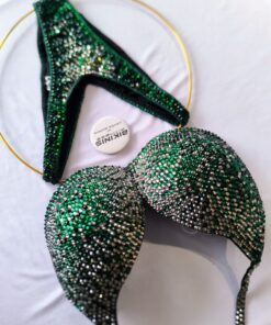 Bikini de competencia copa redonda talla 34c en degrade gris plata, verde esmeralda y negro, push up reglamentario IFBB disponible BikinisFitness